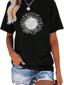 200GSM% Algodón  Camiseta de manga corta de algodón con estampado de girasoles para mujer, diseño vintage X66Y - Negro - Ver 7