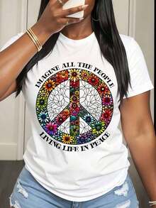 Camiseta Casual para Mujer con Estampado Floral y Símbolo de la Paz, Diseño 'Imagina a Todas las Personas Viviendo en Paz', para Uso Diario y Atuendos de Festival - Blanco - Ver 6