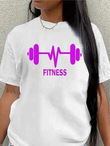 Short-Sleeved T-Shirt With A Purple Fitness Dumbbell Print. Lightweight And Durable, Suitable For The Gym, Workouts, Or Everyday Wear-An Ideal Choice For Active Lifestyle Enthusiasts. Women's Casual Blouse - 白色 - 查看 7