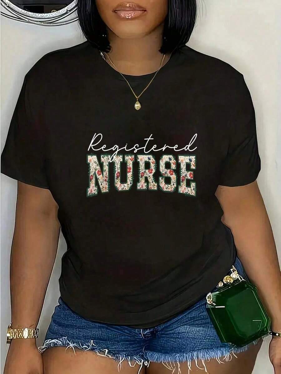 Camiseta de Algodón Estilo Vintage con Estampado de Lema de Lisboa, Camiseta Vintage para Enfermeras, con Diseño Floral, para Enfermeras Registradas y Escuelas de Enfermería, para Uso Diario en Verano - Negro - Ver 1