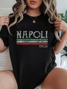 Camiseta de Mujer Casual de Manga Corta, Opciones en Blanco y Negro, Estampado Italia, Camisetas de Uso Diario de Verano, Tops de Verano, Camisetas Gráficas, Conjuntos de Verano para Mujer, Camisetas Cortas para Mujer, Tops Vintage de Algodón, Ropa Linda para Mujer, Playera Holgada para Mujer - Negro - Ver 1