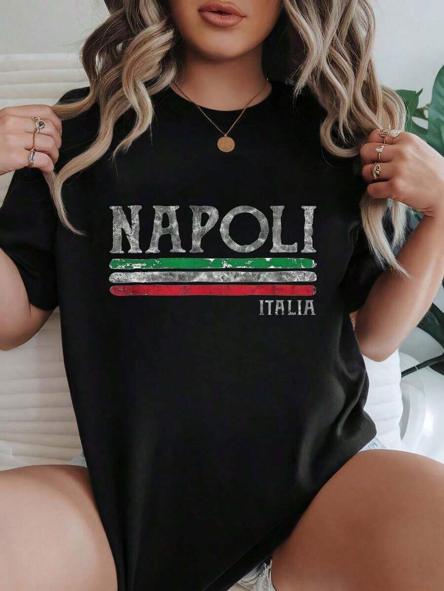 Camiseta de Mujer Casual de Manga Corta, Opciones en Blanco y Negro, Estampado Italia, Camisetas de Uso Diario de Verano, Tops de Verano, Camisetas Gráficas, Conjuntos de Verano para Mujer, Camisetas Cortas para Mujer, Tops Vintage de Algodón, Ropa Linda para Mujer, Playera Holgada para Mujer - Negro - Ver 1