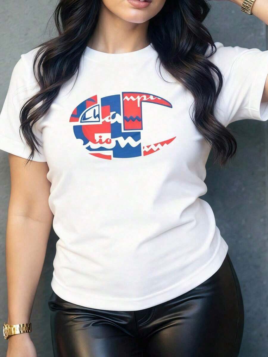 Comfortable Abstract Shape In Shades Of Red And Blue Representing Creative Energy And Dynamic Contrast, Inspiring Movement And Visual Balance In A Modern And Casual Women's T-Shirt. Fashion All-Match Women's Short Sleeve T-Shirt, Basic Style For Inner & Outer Wear - 白色的 - 查看 1