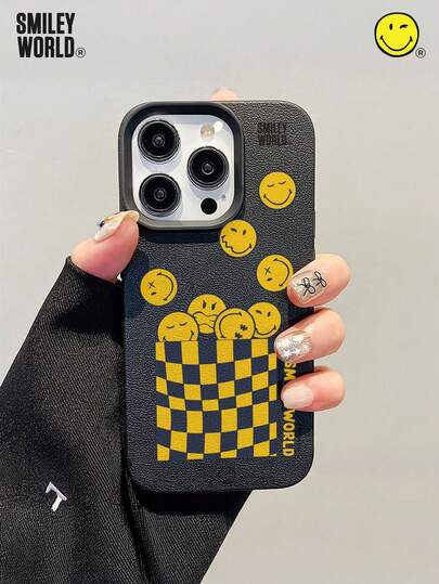  Funda de teléfono con textura de palomitas de maíz con cara sonriente a cuadros de Smiley World, patrón amarillo lindo, elegante cubierta protectora resistente a los golpes con sensación de cuero para iPhone 13/17 Pro Max/16 Pro Max/12 Pro/15 Pro Max/16 Pro Max y 11/13 Pro, funda protectora antideslizante para varios escenarios