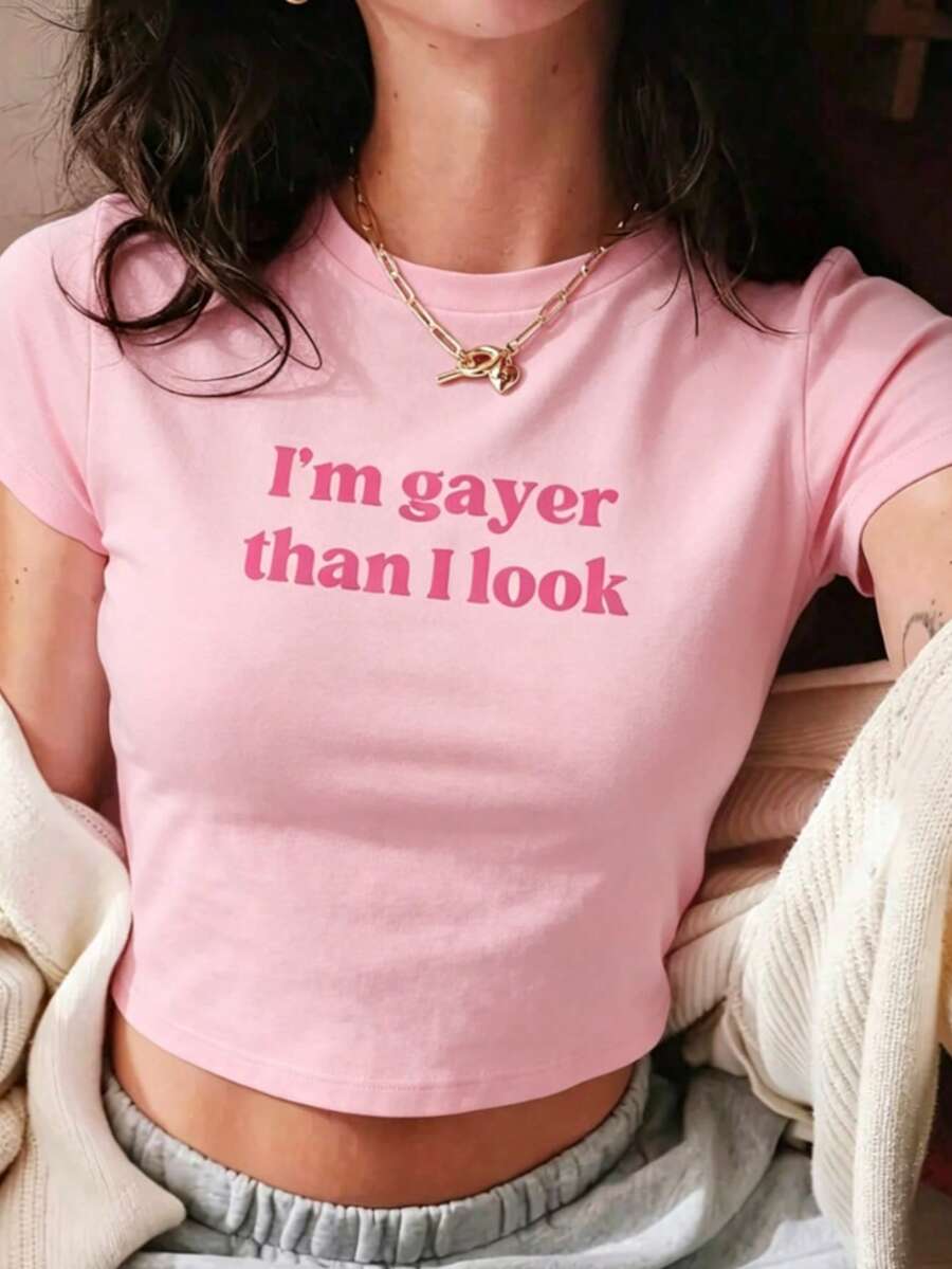 Women's Casual Neck Cropped T-ShirtI'm Gayer Than I Look LGBTQ+ Pride Crop Top - Short Sleeve Fitted Black T-Shirt, Comfortable Casual/Daily/Party W - 粉色 - 查看 1