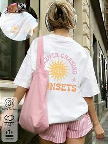 Casual Short-Sleeved Printed T-Shirt. 100% Cotton. 1 Pack. Women's Oversized Pure Cotton T-Shirt, Casual Summer Style With Sunset Design, Relaxed Fit Suitable For Beach Days, Lightweight And Breathable - Perfect For Travel. Spring Summer Top - White - View 3