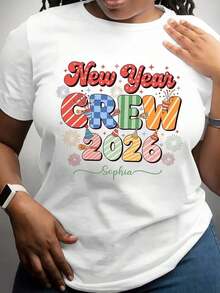 100% algodón, Camiseta de Mujer, Camiseta Personalizada con Nombre para el Equipo de Año Nuevo 2026, Diseño Festivo para Fiesta con Letras Coloridas y Patrón de Confeti para la Celebración de Año Nuevo. - Blanco - Ver 7