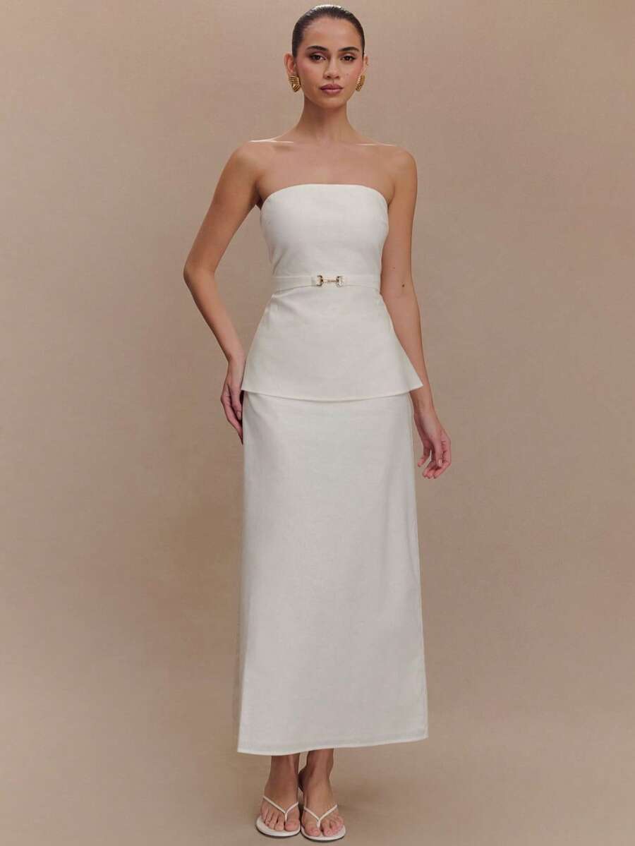 Conjunto de dos piezas elegante, top sin mangas unicolor con espalda descubierta y falda larga, estilo casual fiesta moda femenina euroamericana - Blanco - Ver 1