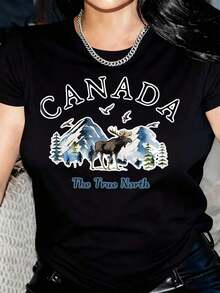 Camiseta de Mujer de Corte Holgado 100% Algodón - Diseño Gráfico de Alce y Montaña "The True North" de Canadá, Camiseta Negra Casual de Manga Corta y Cuello Redondo, Transpirable y Cómoda para Todas las Temporadas, Lavable a Máquina, Perfecta para Fiestas de Verano y Uso Diario, Regalo Ideal con Entrega Local, Comodidad para el Día a Día, Ropa con Temática Canadiense, Camiseta de Ajuste Cómodo - Negro - Ver 5