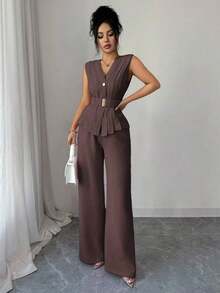 Conjunto de dos piezas de pantalones acampanados con cintura elástica y cinturón, cuello en V, frente abierto, plisado y bajo asimétrico, de tela similar al lino, para mujer, para primavera/verano, elegante, casual, para ir al trabajo, vacaciones, tarde de té - Marrón - Ver 7