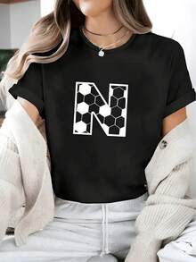 Camiseta de Verano de Manga Corta y Cuello Redondo para Mujer - Estampado Frontal y Trasero, Top Casual Opaco, Adecuada para Primavera y Verano - Lavable a Máquina para Uso Diario y en Capas. - Negro - Ver 7