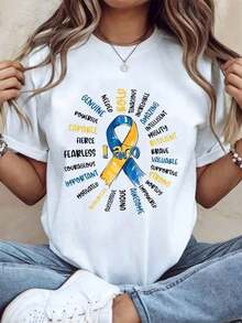 Camiseta con la cinta de concientización sobre el autismo y palabras inspiradoras para la fuerza, el coraje y el empoderamiento. Ropa casual para mujer, ideal como regalo para el Mes de Concientización sobre el Autismo, para personas autistas y sus apoyadores. Camiseta de algodón. - Negro - Ver 8