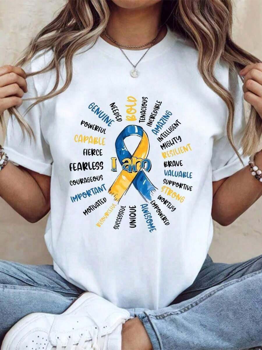 Camiseta con la cinta de concientización sobre el autismo y palabras inspiradoras para la fuerza, el coraje y el empoderamiento. Ropa casual para mujer, ideal como regalo para el Mes de Concientización sobre el Autismo, para personas autistas y sus apoyadores. Camiseta de algodón. - Blanco - Ver 1