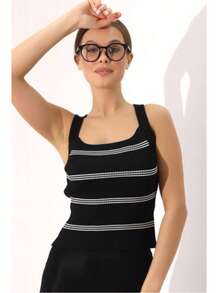 Cross-Strap Knitted Tank Top/Knitted Blouse - Black - View 5