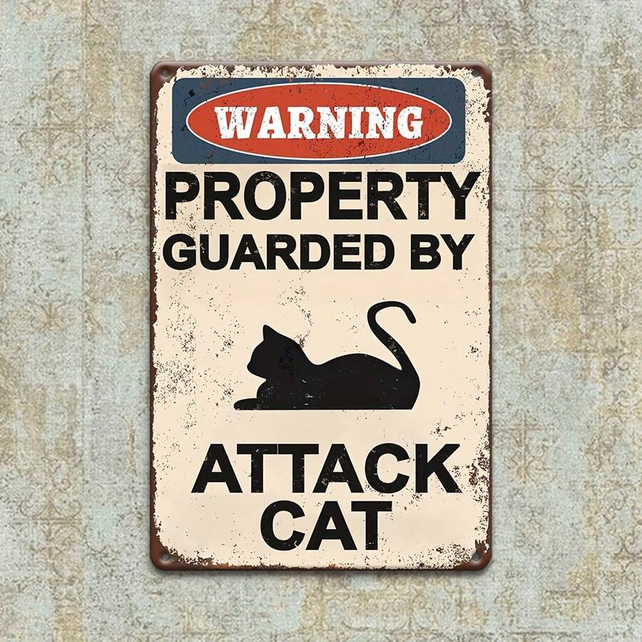 1pc [2D Flat] Attack Cat Warning Sign, Classic Iron Garden Sign, Outdoor Wall Decor, Multi-Functional Wall-Mounted Iron Hanging Sign, Pre-Drilled Holes As Shown In Dimension Diagram - Multicolor - View 1