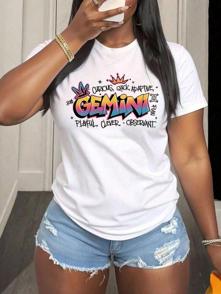 Conjuntos de verano para mujer: Camiseta de cuello redondo con estampado del signo zodiacal Géminis, curiosa, rápida, adaptable, juguetona, inteligente y observadora, de manga corta, ropa casual para el día a día, top de moda de verano. - Blanco - Ver 1