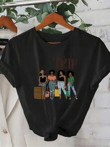 Nuevo modelo 2026,% algodón, adecuado para primavera y verano, corte holgado, ropa casual, diseño moderno, material duradero, camiseta de mujer de primavera-verano con estampado de alta calidad. Perfecta para vacaciones en la playa, viajes a la playa, campamentos de verano, ropa casual, reuniones temáticas de vacaciones, camisetas de manga corta adecuadas para el uso diario. - Negro - Ver 1