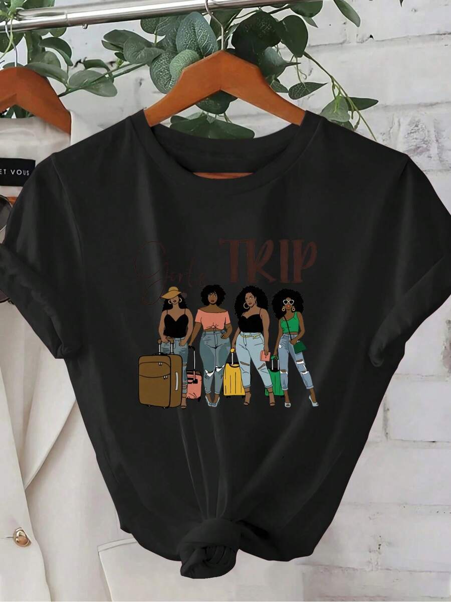 Nuevo modelo 2026,% algodón, adecuado para primavera y verano, corte holgado, ropa casual, diseño moderno, material duradero, camiseta de mujer de primavera-verano con estampado de alta calidad. Perfecta para vacaciones en la playa, viajes a la playa, campamentos de verano, ropa casual, reuniones temáticas de vacaciones, camisetas de manga corta adecuadas para el uso diario. - Negro - Ver 1