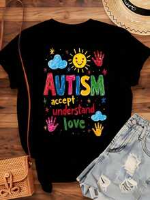 1 camiseta de concientización sobre el autismo con diseño de manos coloridas, sol y nube para apoyo y promoción del autismo, 180g 100% algodón. - Negro - Ver 3