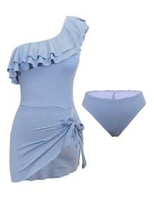 2026 Swim Lushoire Conjunto de ropa de verano para mujer, top de un hombro con volantes de tela de punto a rayas azul y blanco, y Bottom de triángulo regular - Azul y blanco - Ver 6