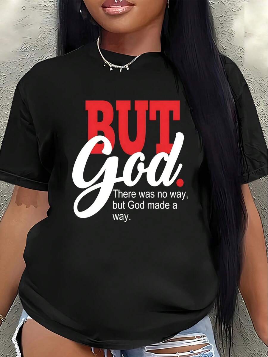 Camiseta de manga corta de poliéster, estampada con la cita inspiradora "But God", ligera y duradera, adecuada para el uso diario, ya sea en casa, en la iglesia o para salidas informales, unisex y de ajuste cómodo. - Negro - Ver 1
