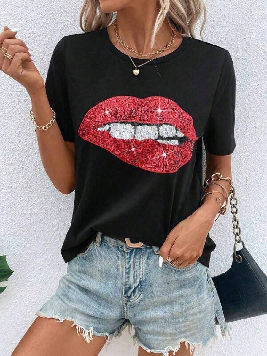 Camiseta unisex de algodón puro, labioImprimirContrasteLentejuelasCamisetas, blusasparamujer,blusasparamujerfiesta,playeraselmujer,blusascasualesparadama,sudaderas,camisaselmujer,ropaelmujer,blusasbonitas,ofertasyliquidacionesropamujer,motfmujerpremium,elegantemujer,camisetasparahombre, manfinityhombre,playeraselhombrecasual,playerasparahombre,dazyhombre,streetwear,cosasparahombre,playerasnegras L2YJ - Negro - Ver 1