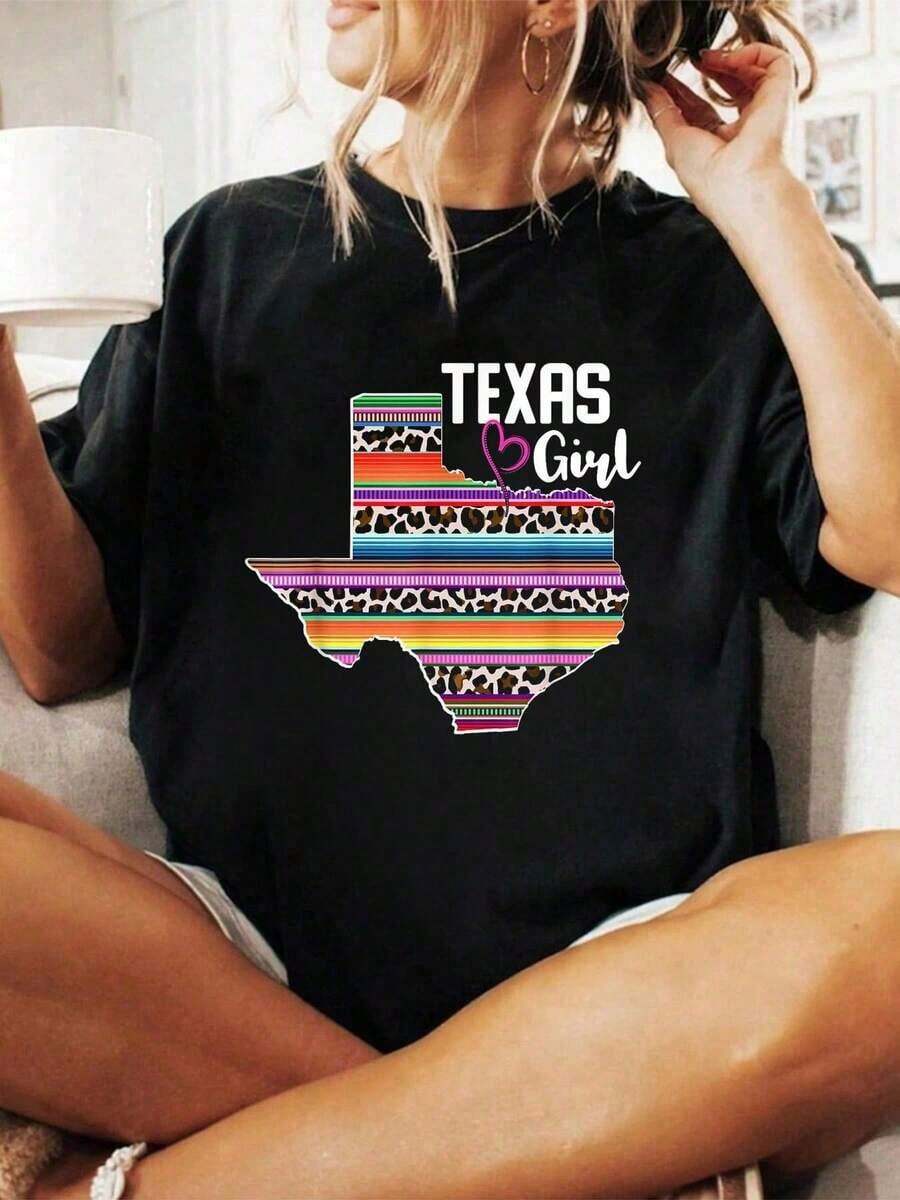 Camiseta 100% Algodón Retro de Texas con Diseño de Girasol y Leopardo, Estilo Rústico Negro, Orgullo Estadual, para Hombre y Mujer, Suave y Transpirable, Clásica, a la Moda, para Verano - Negro - Ver 1