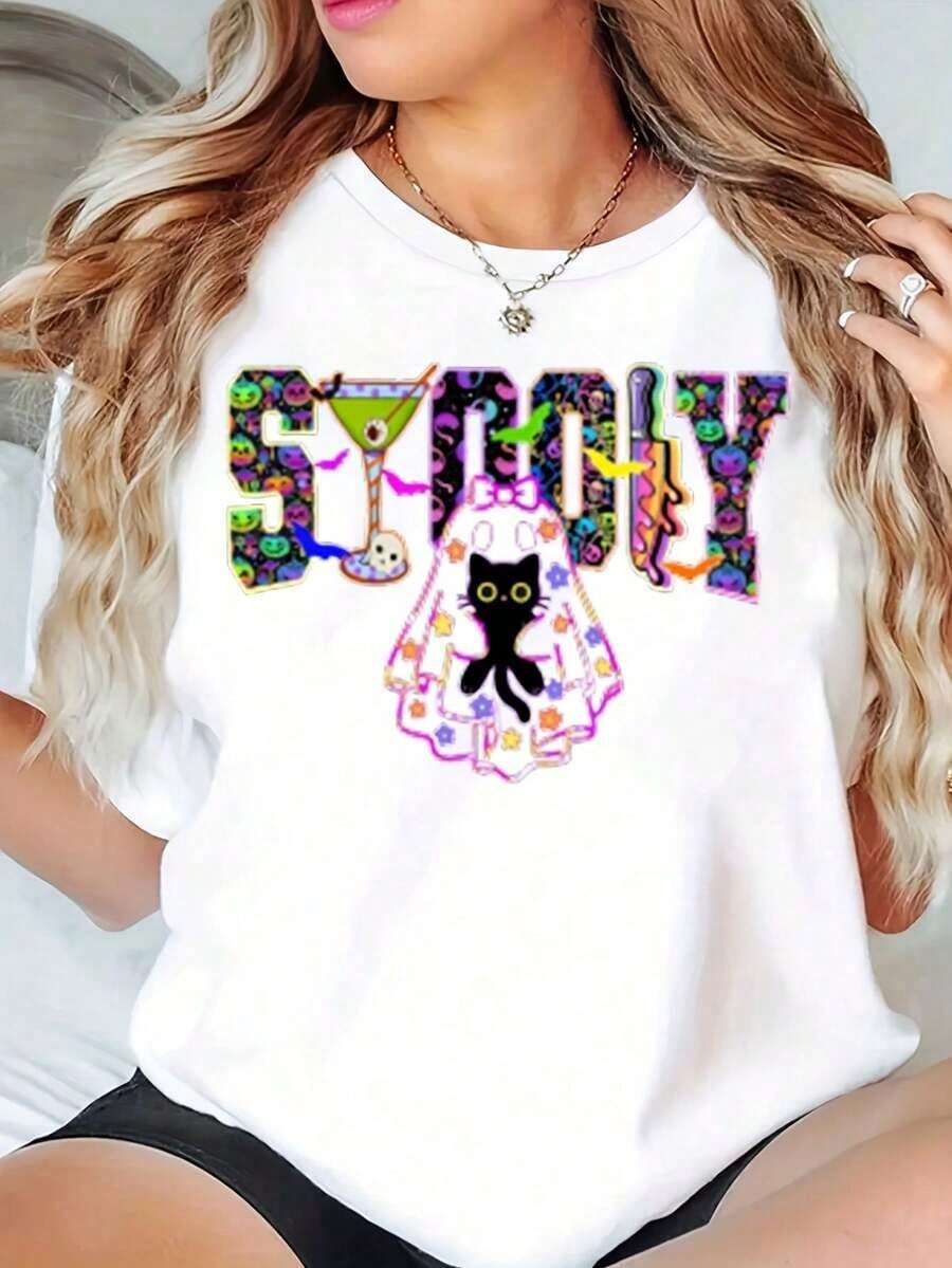 Camiseta de Mujer ModernoWomen con Estampado Colorido SIPPY de Gato y Cóctel, Diseño Casual de Verano, 220g, Ropa Casual - Blanco - Ver 1