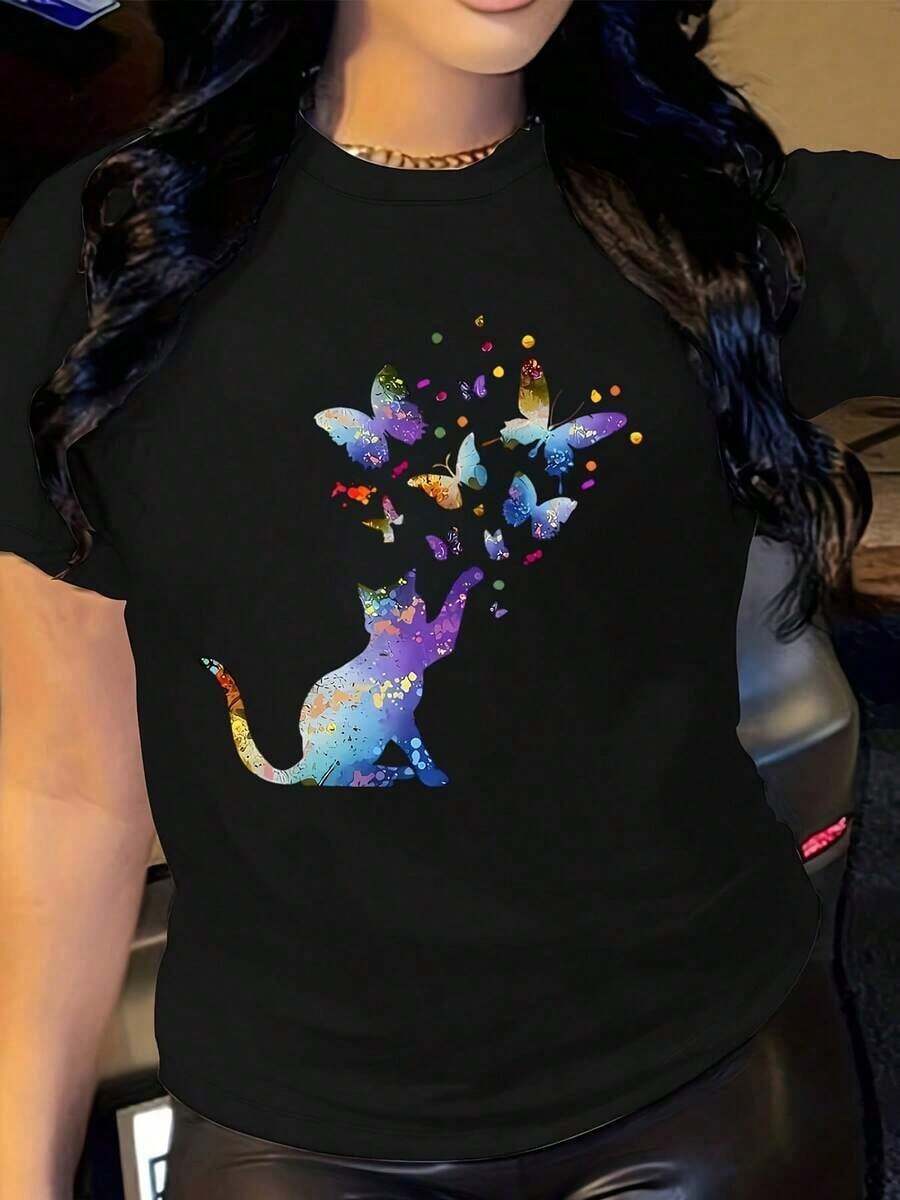 Camiseta Casual de Manga Corta para Mujer ModernoWomen - Estampado Geométrico de Mariposa Arcoíris y Gato, Corte Relajado, Tela Transpirable de Verano, Lavable a Máquina, Ropa de Uso Diario, Diseño Divertido, Ropa Casual - Negro - Ver 1