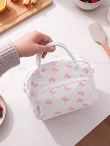 Insulated Lunch Bag For Women Men Waterproof Thermal Insulated Lunch Box Bento Pouch Dinner Insulation Bag Student Thickened – Cute Floral, Bow & Strawberry Print, Corduroy Lunch Tote With Handle & Zipper, Large Capacity Cooler Bag For Work, School, Picnic, Camping, Perfect Christmas Gift For Family, Friends, Teachers & Moms - 粉紅蝴蝶結 - 查看 5