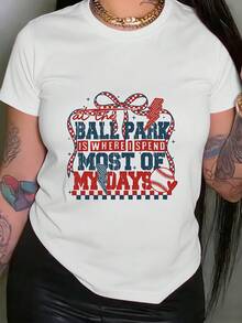 Camiseta de mujer: Paso la mayor parte de mi tiempo en el estadio de béisbol. Camiseta con estampado, top casual de manga corta y cuello redondo, tops de primavera/verano para mujer. - Negro - Ver 7