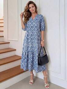Vestido de verano con estampado completo, cuello con muesca y mangas abullonadas, estilo bohemio para vacaciones - Verde militar - Ver 8