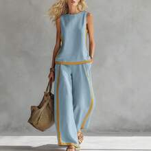 Women's Linen Blend Color Block Two-Piece Set With Sleeveless Top And Wide Leg Pants - màu xanh lá - Xem 3