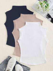 Top sin mangas de unicolor con cuello, uso casual diario para mujer - Multicolor 4 - Ver 7