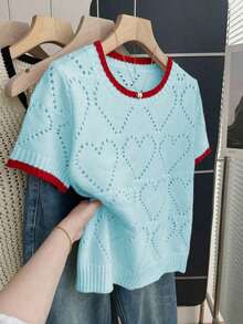 Blusa de punto holgada de cuello redondo y manga corta con diseño de corazón hueco y ribete de contraste en beige para mujer, suéter de manga corta para primavera/verano, últimas blusas de mujer, nuevas llegadas de blusas de punto para mujer - Celeste - Ver 6
