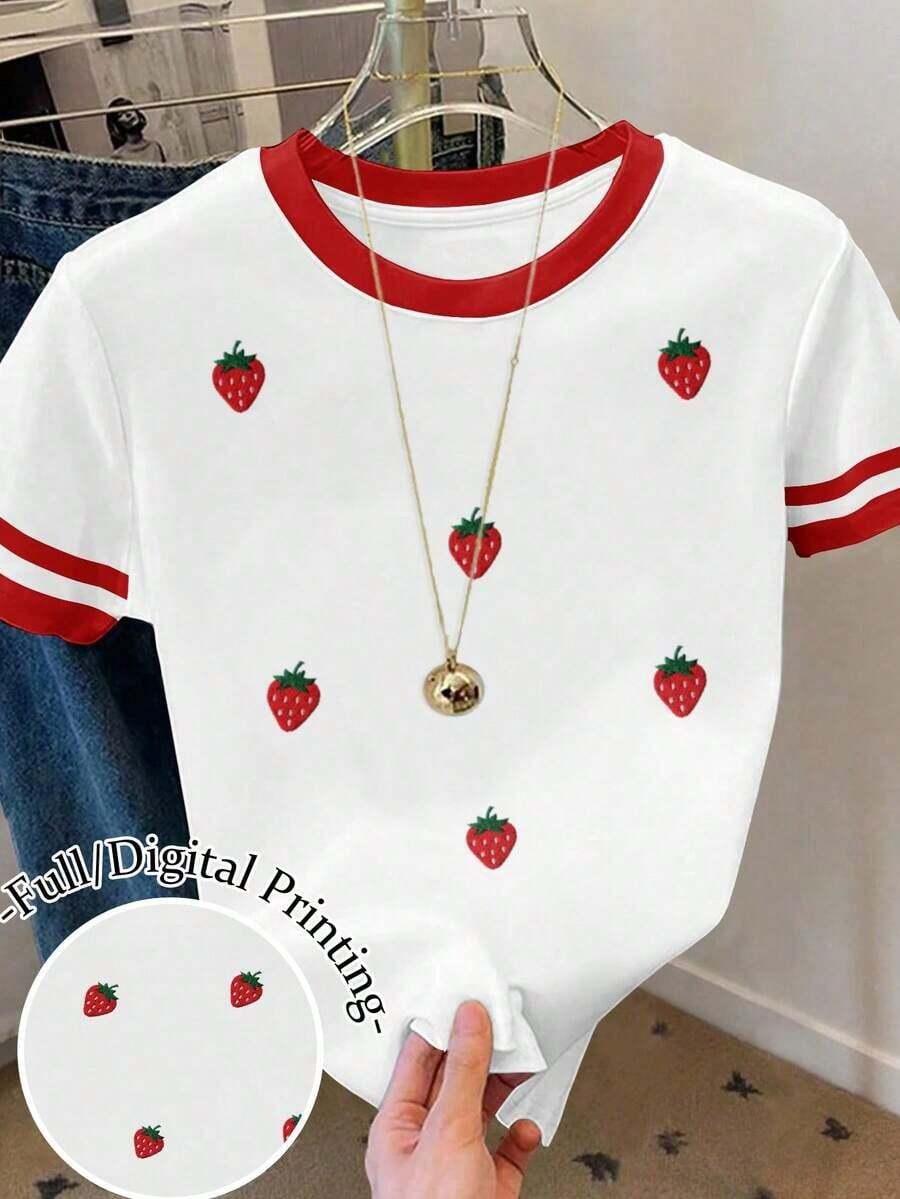 Camiseta de mujer 100% algodón con estampado gráfico de corazón y amor, cuello redondo, contraste de color blanco y negro, bloques de color y rayas - Multicolor 13 - Ver 1