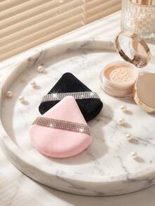 6pcs Diamond Triangle Powder Puff, Soft Velvet Makeup Sponge, Rhinestone Cosmetic Puff, Washable Setting Powder Puff, Pink/Black - Multicolor - View 4