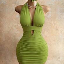 Nana's Women's Clothing Store  Vestido ajustado de mujer con escote halter y espalda descubierta, de moda y sexy, para verano - Amarillo - Ver 6