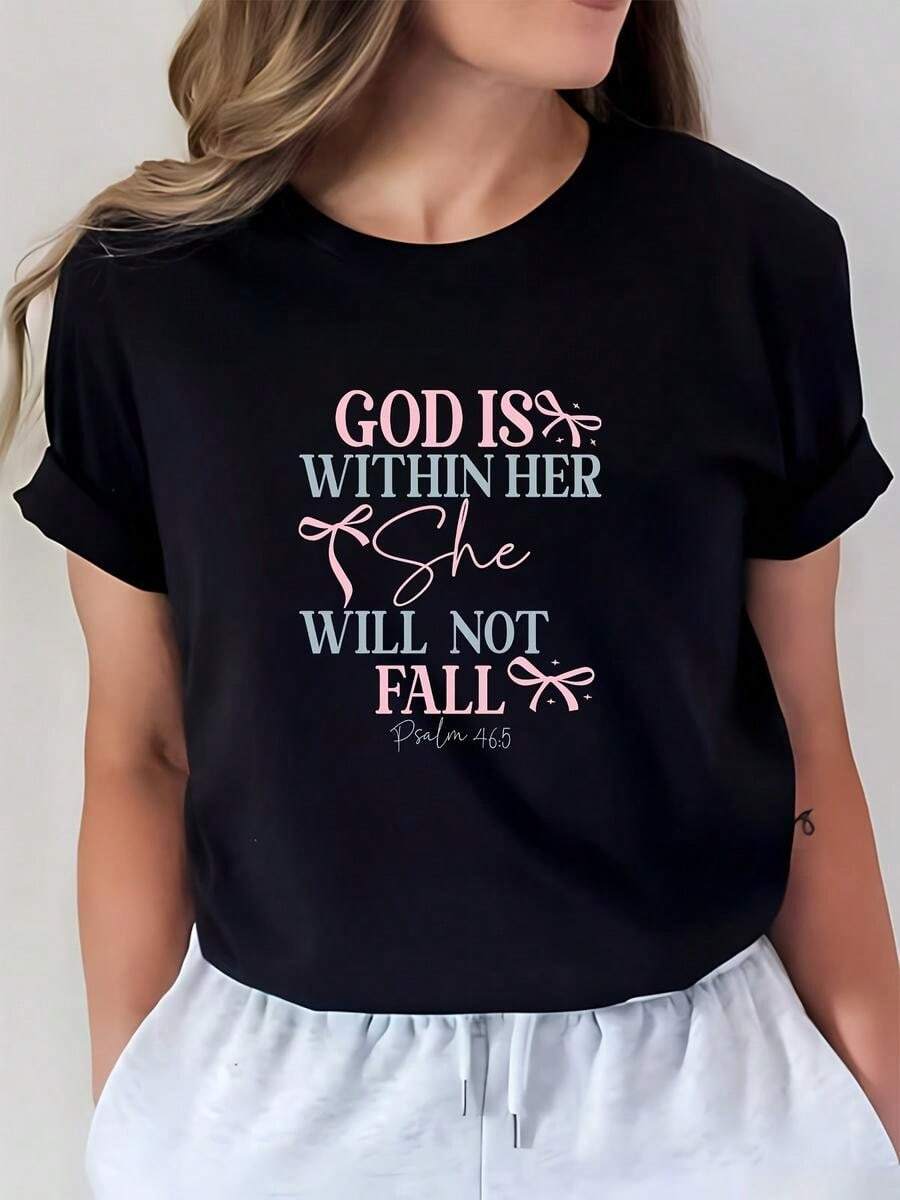 1 pieza de Playera de manga corta 100% algodón, cuello redondo casual con estampado, Dios está con ella, no caerá, manga corta transpirable para uso diario - Negro - Ver 1
