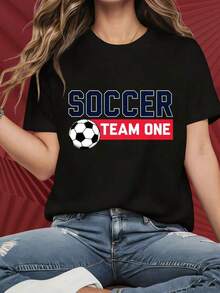 1 pieza, Playera para mujer con estampado divertido Playera de temática futbolística, Playera casual de verano, cómoda y transpirable - Negro - Ver 1