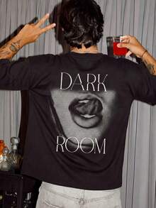 Áo thun nam Fractyr in hai mặt dáng rộng, họa tiết miệng halftone "DARK ROOM", phong cách grunge, áo thun tay ngắn cổ tròn mềm mại, thích hợp cho dạo phố và những buổi tối đi chơi. - màu đen - Xem 2