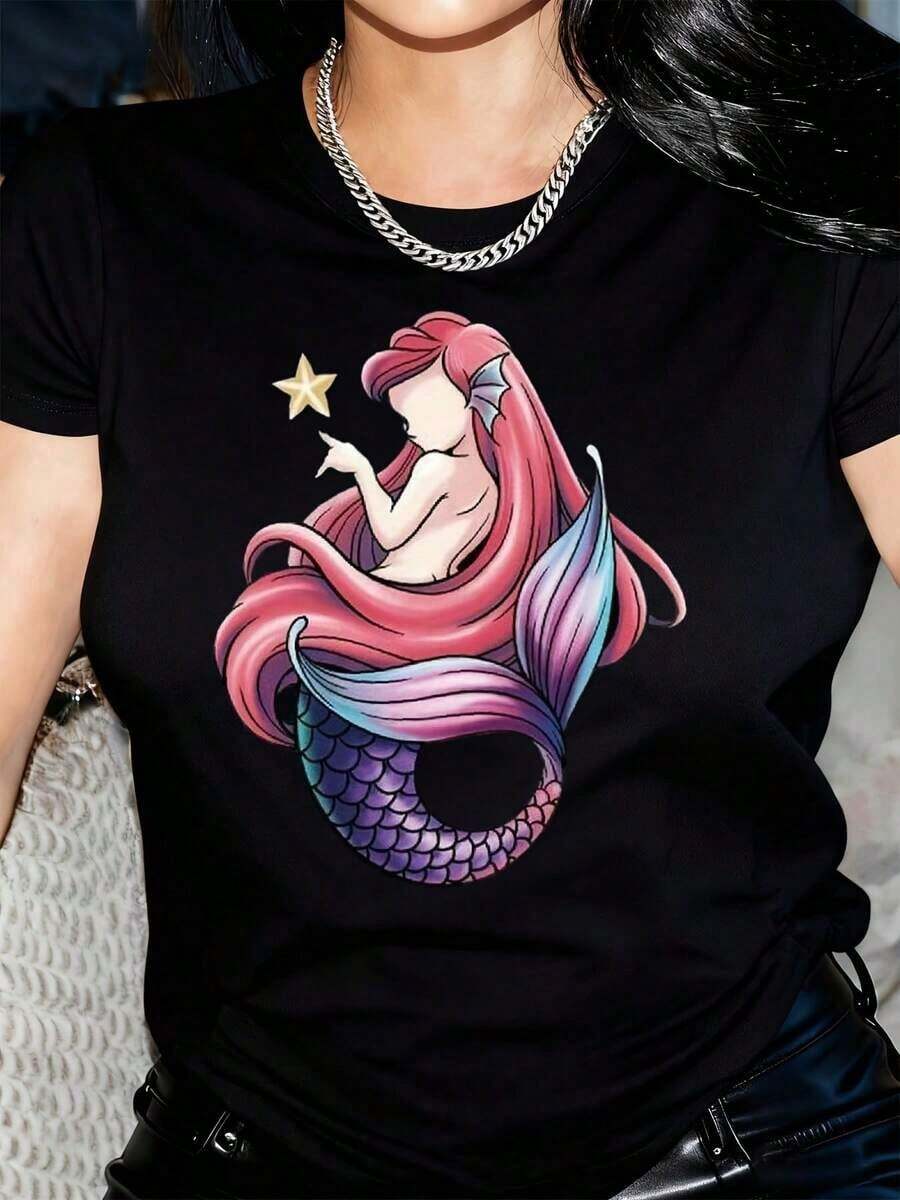 New Arrival 2026 - Women's Casual Black T-Shirt With Mermaid And Pink Star Design - Short Sleeve, Crew Neck, Stretch Blend, Machine Washable - Ideal Gift For Spring/Summer - Soft, Breathable, 100% Cotton Fabric, Women's Everyday T-Shirt With Graphic Print - 黑色 - 查看 1