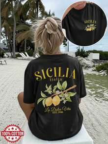 Top de verano, top casual de verano para mujer con estampado a doble cara, estilo pastoral con estampado de hojas de limón "SICILIA Italia La Vita EST", cuello redondo, mangas cortas, camiseta oversize con hombros caídos, talla Ling Kcotton t-shirt, camiseta mujer manga corta - Negro - Ver 9