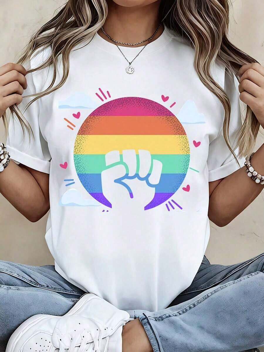 Camiseta con Diseño de Puño Arcoíris para Atuendos Casuales y Deportivos - Estilo Urbano Vintage Unisex, Camiseta de Manga Corta de Algodón 100% con Cuello Redondo - Blanco - Ver 1