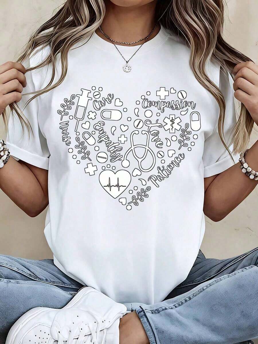 Camiseta de Algodón Estilo Vintage con Estampado de Lema de Lisboa, Camiseta Blanca con Símbolos Médicos de Corazón y Palabras como Cuidado, Compasión, Empatía, Amor, Paciencia para Enfermeras, Médicos y Trabajadores de la Salud para el Verano y Uso Diario - Blanco - Ver 1