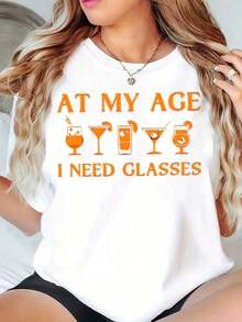 Women's Casual T-Shirt With Cocktail Graphic Print And The Phrase 'A My Age I Need Glasses', Women's Casual Summer Top - 白色 - 查看 6