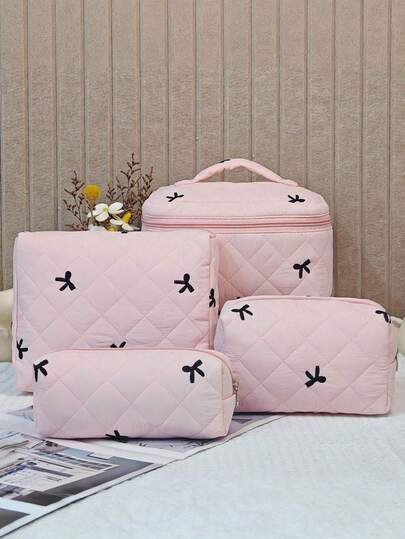 1-Piece Black Bow Makeup Bag Set - Pink Quilted Cosmetic Organizer, Makeup Brush Clutch, Large-Capacity Skincare Pouch, Women's Cosmetic Bag, Portable Travel Toiletry Kit. Holds Individual Lash Clusters, False Eyelashes, Brushes, Beauty Sponges