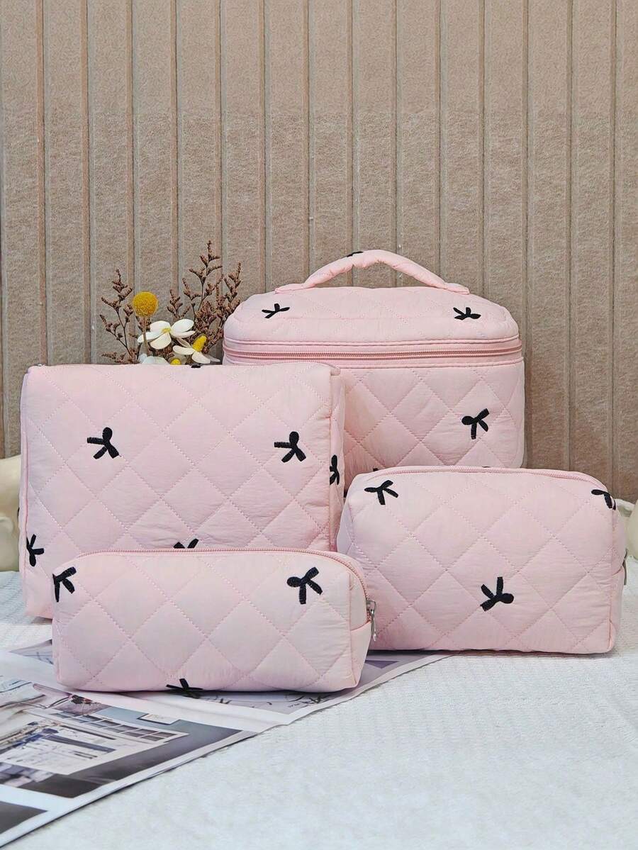 1 件套黑色蝴蝶结化妆包 - 粉色绗缝化妆品收纳包，化妆刷包，大容量护肤品收纳袋，女士化妆包，便携式旅行洗漱包。可收纳单簇假睫毛、假睫毛、化妆刷、美妆蛋。