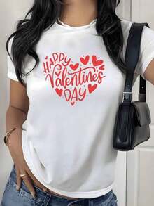 Camiseta con Estampado Gráfico de Corazón de San Valentín, 180g, 1 Pieza, Tema de Amor, Camiseta Casual para Mujer, 100% Algodón, Estilo Romántico - Blanco - Ver 9