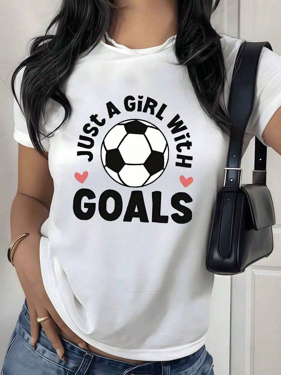 Women's Soccer Ball Graphic Print T-Shirt, 180g, 1 Piece, Goal-Inspired, Casual, 100% Cotton, Urban Sporty Style - 白色 - 查看 1